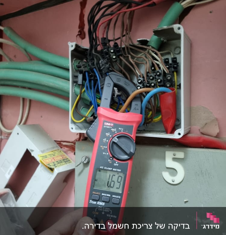 מד מתח מחובר ללוח חשמל עם חוטים צבעוניים